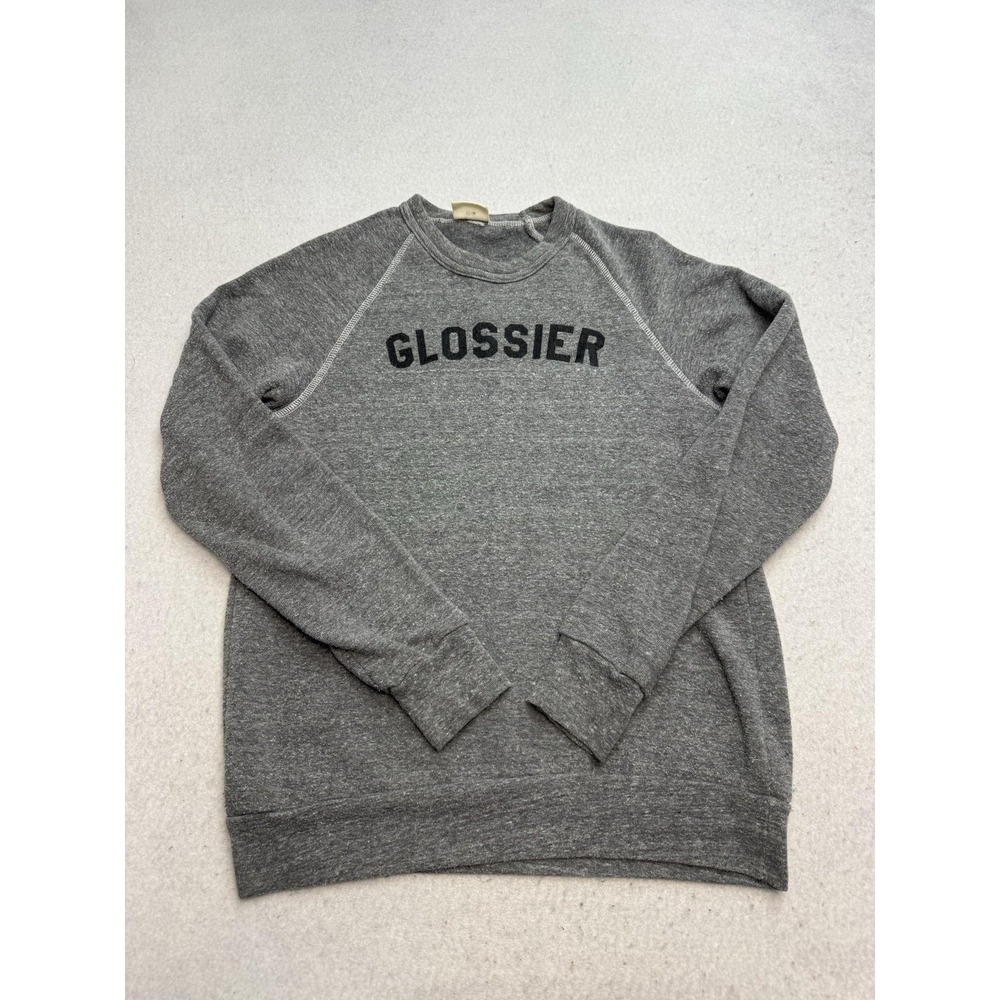 Glossier Sweatshirt Women's Small Gray Fleece Crewneck Logo Graphic Pullover